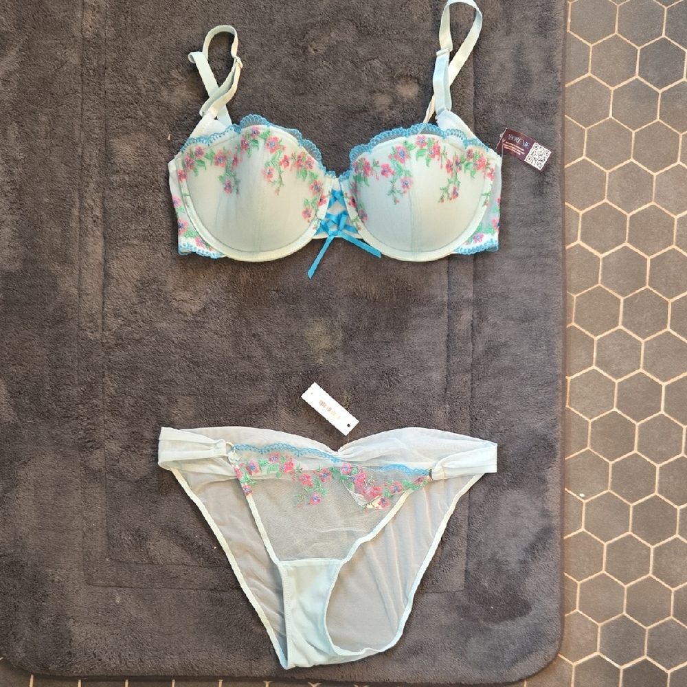 Adore Me Light Blue Floral Lace Bra Set